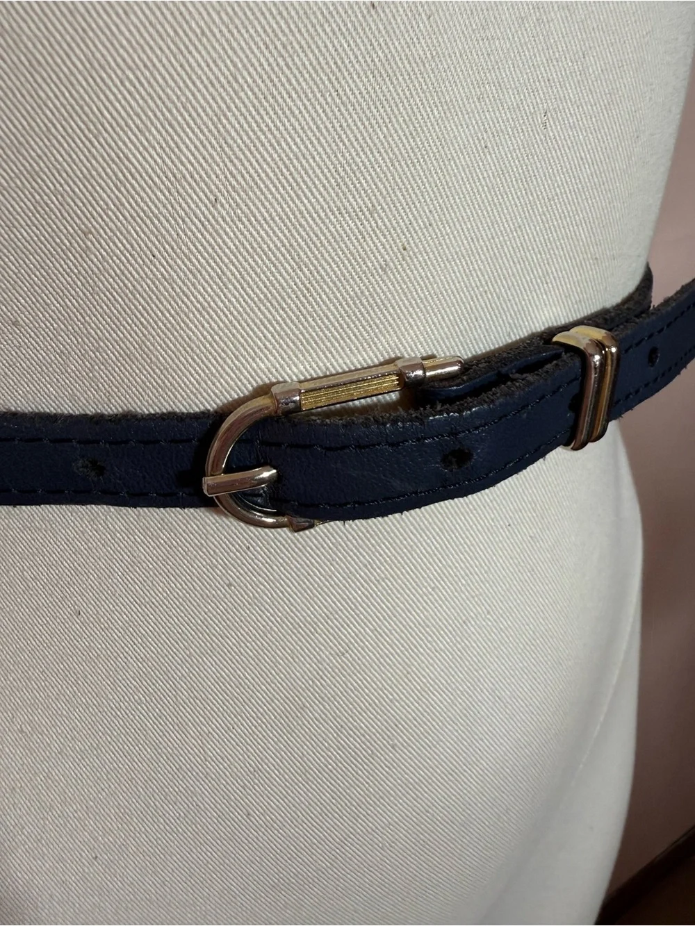 Vintage navy blue leather  minimalist skinny belt 28inches classic academia